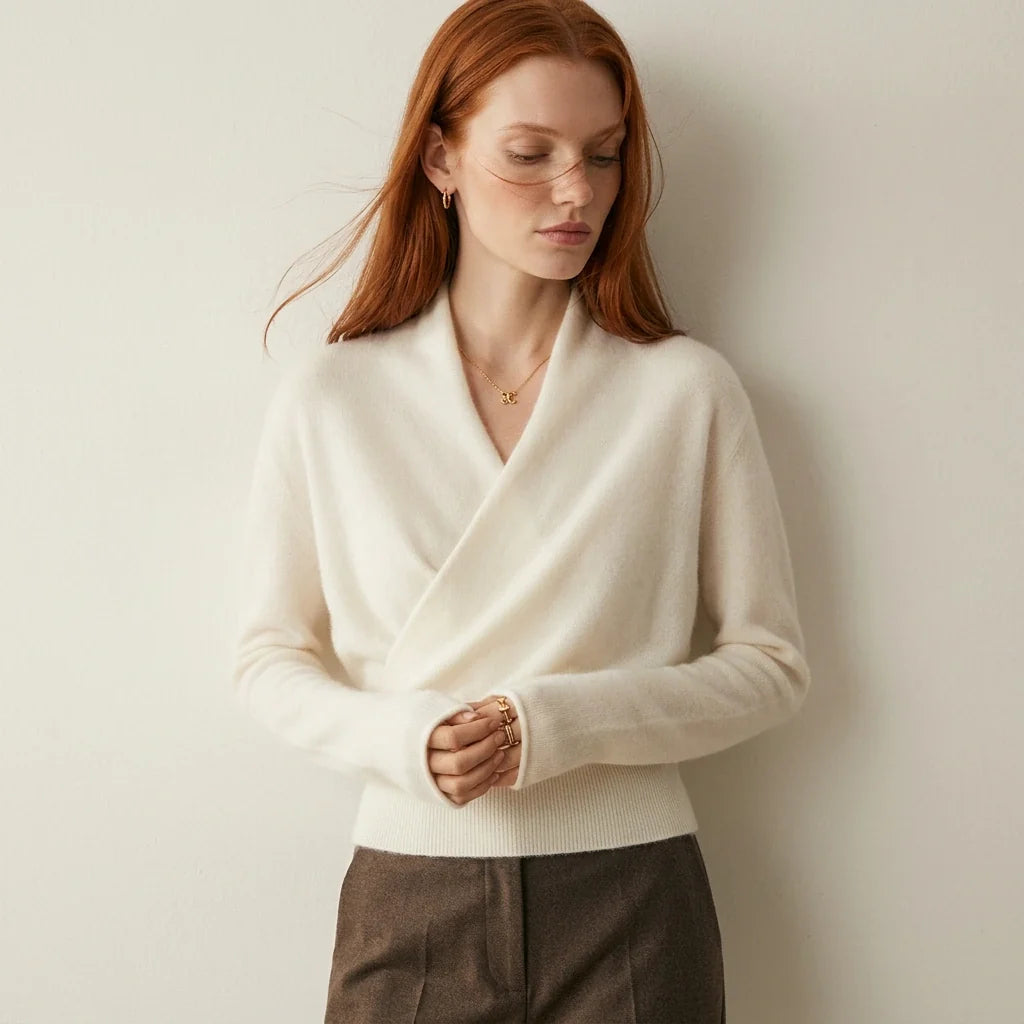 Women's ivory cashmere wrap sweater with crossover collar