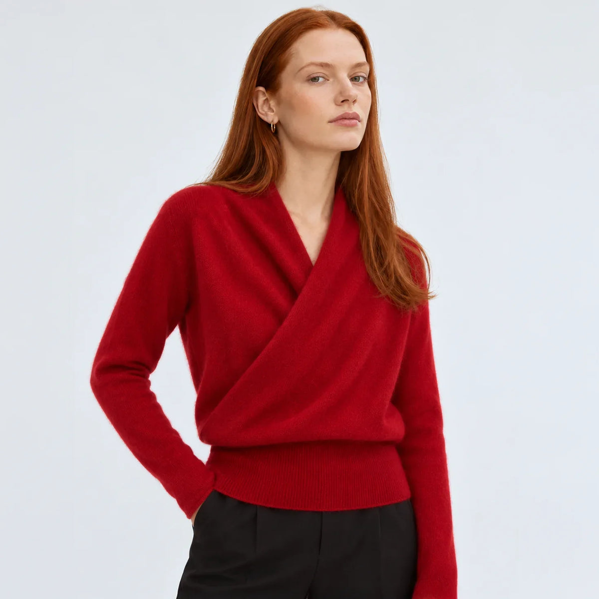 Women's red cashmere wrap sweater with crossover collar