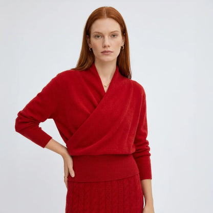 Women's cashmere wrap sweater with crossover collar