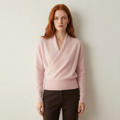 Women's pink cashmere wrap sweater with crossover collar
