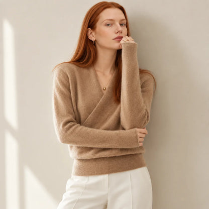 Women's cashmere wrap sweater with crossover collar