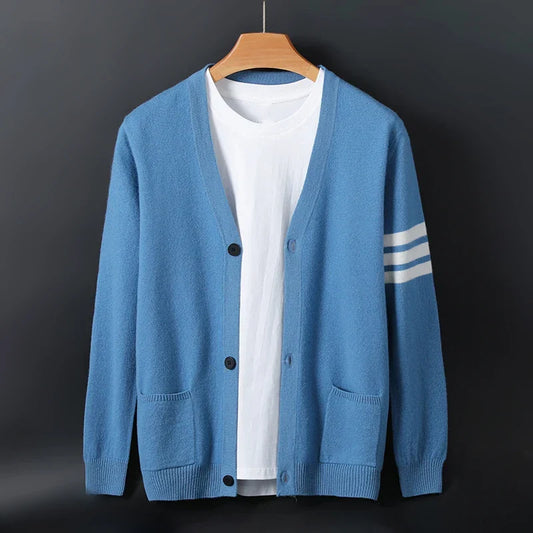 Men's Relaxed Soft Knit Cardigan with Striped Sleeve Detail, photo 1