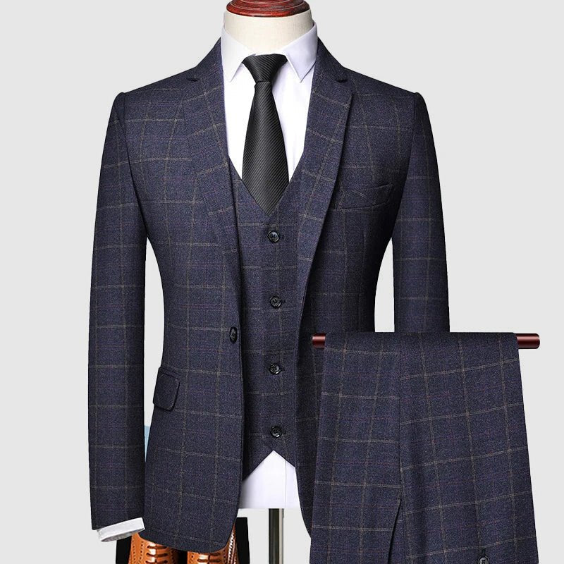 Men's navy blue windowpane check three piece suit