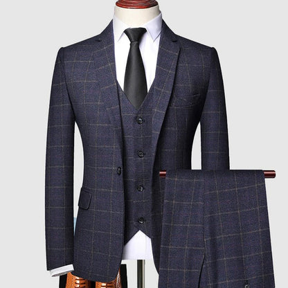 Men's navy blue windowpane check three piece suit