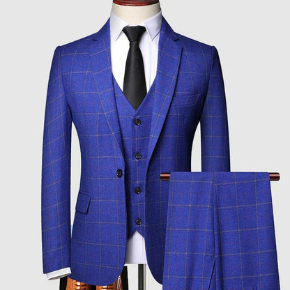 Men's navy blue windowpane check three piece suit