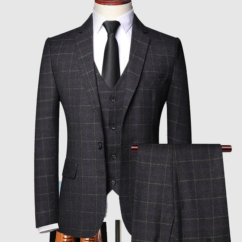 Men's navy blue windowpane check three piece suit