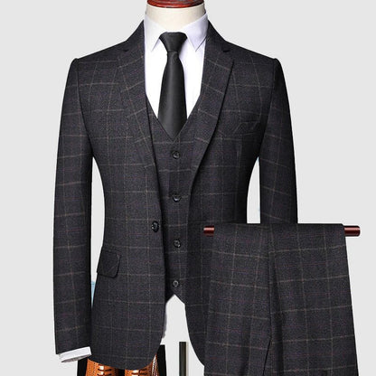 Men's navy blue windowpane check three piece suit