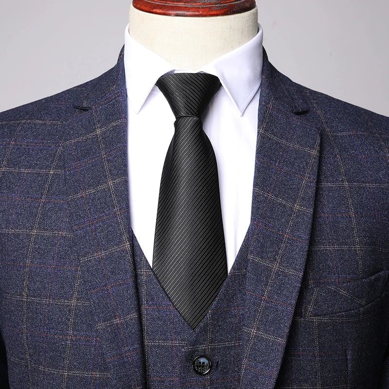Men's navy blue windowpane check three piece suit