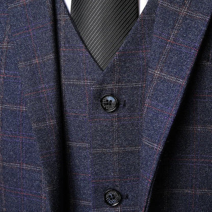 Men's navy blue windowpane check three piece suit