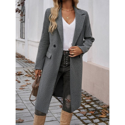 Dark Gray Turndown-Collar Longline Winter Coat with Single-Button Front
