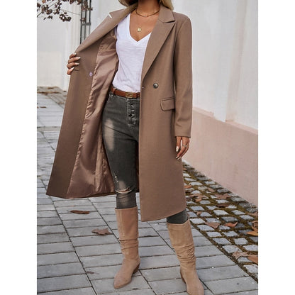 Brown Turndown-Collar Longline Winter Coat with Single-Button Front