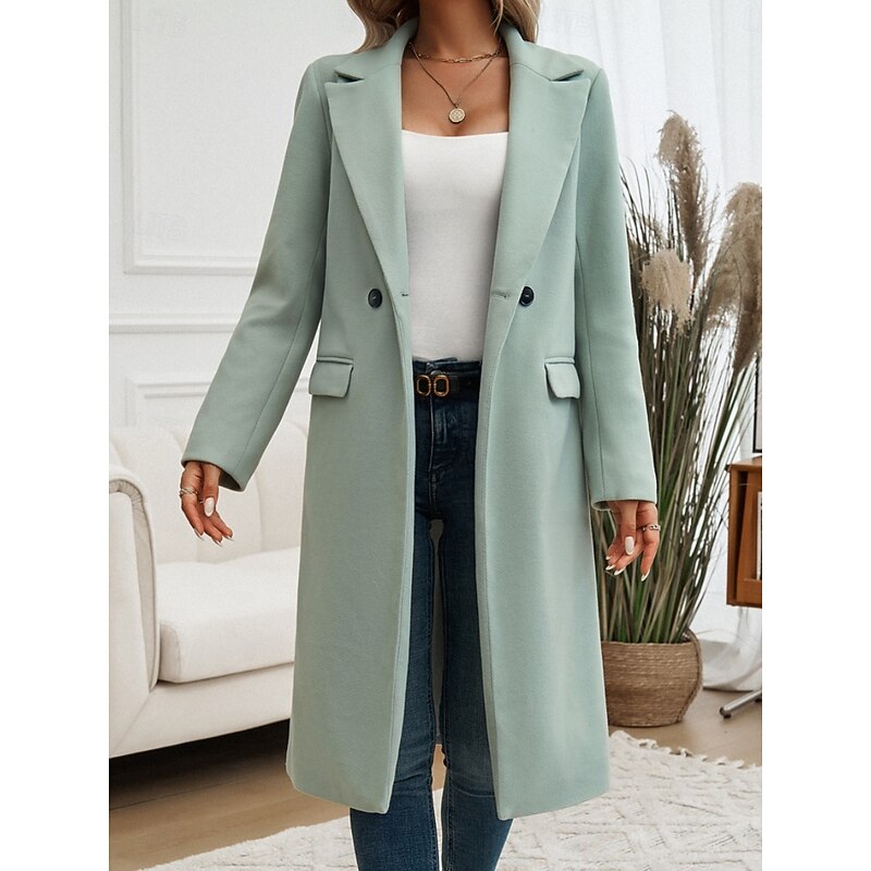 Green Turndown-Collar Longline Winter Coat with Single-Button Front