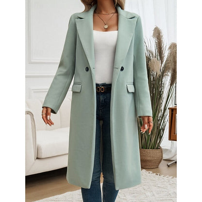 Green Turndown-Collar Longline Winter Coat with Single-Button Front