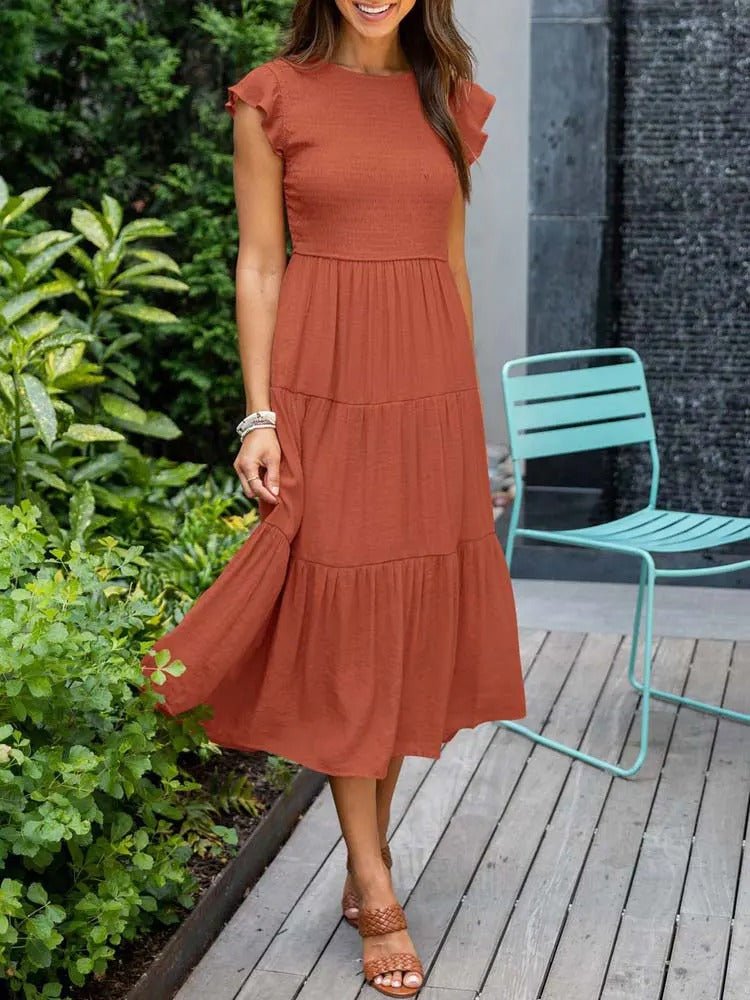 Women's orange tiered maxi dress with cap sleeves