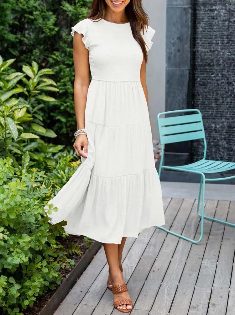 Women's white tiered maxi dress with cap sleeves