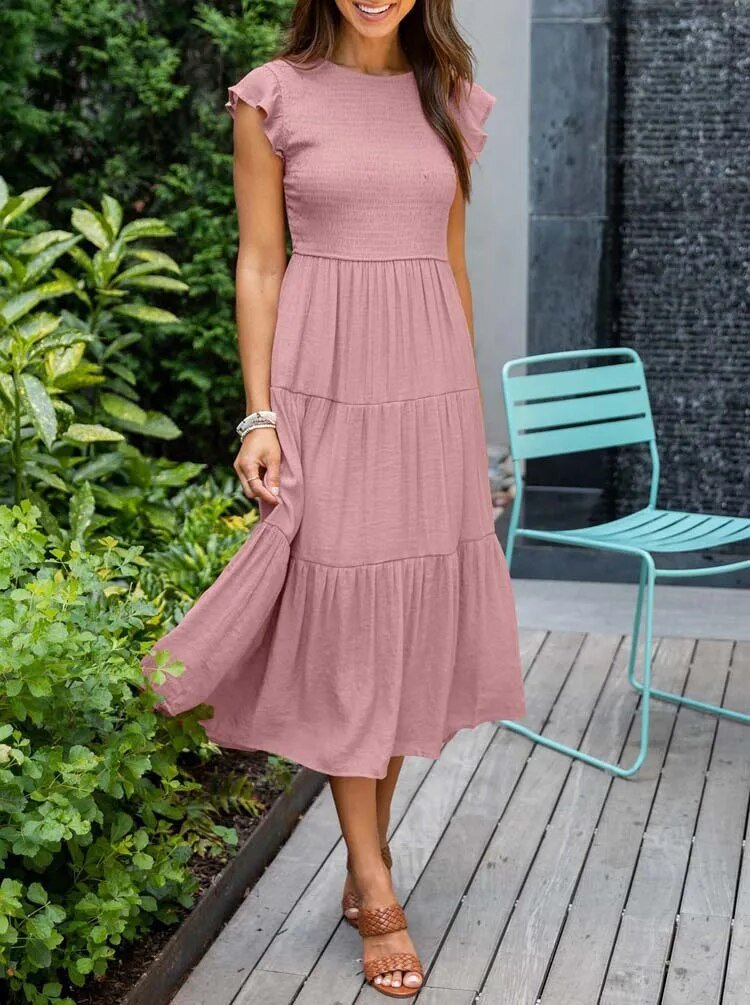 Women's white tiered maxi dress with cap sleeves