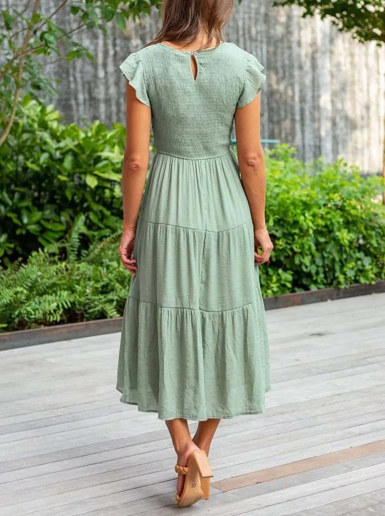 Women's pink tiered maxi dress with cap sleeves
