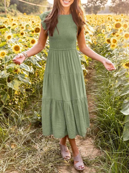 Women's pink tiered maxi dress with cap sleeves
