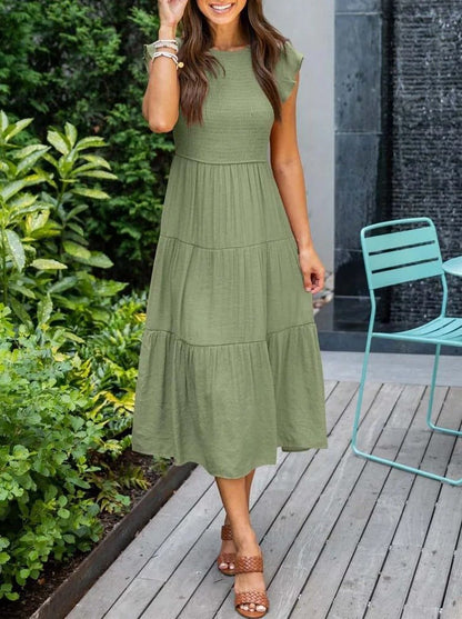 Women's pink tiered maxi dress with cap sleeves