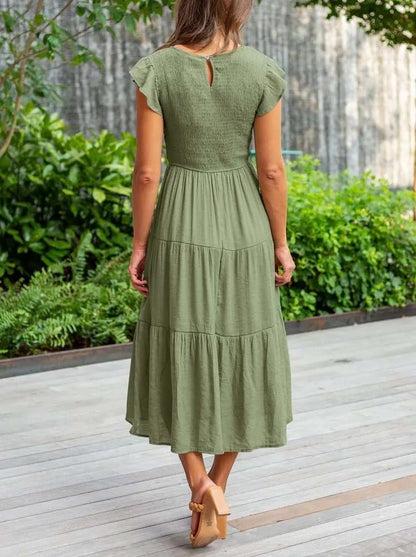 Women's pink tiered maxi dress with cap sleeves