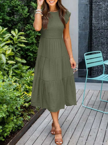 Women's white tiered maxi dress with cap sleeves