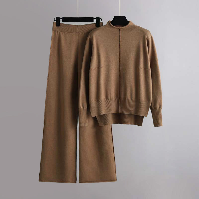 Women's brown knit set with half turtleneck sweater and wide leg pants