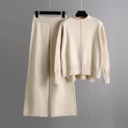 Women's brown knit set with half turtleneck sweater and wide leg pants