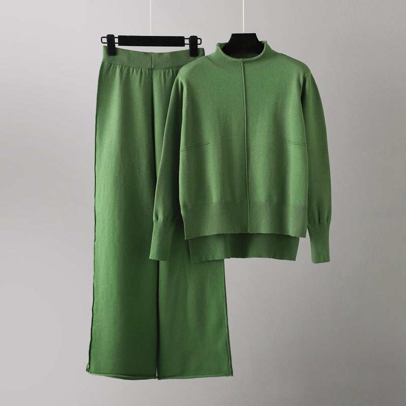 Women's brown knit set with half turtleneck sweater and wide leg pants