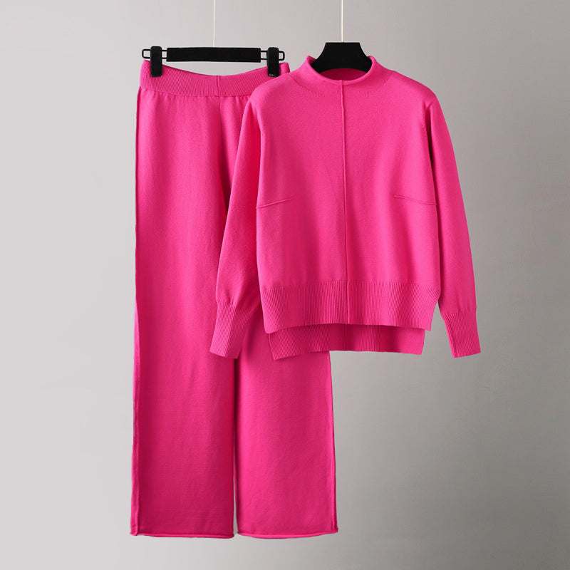 Women's brown knit set with half turtleneck sweater and wide leg pants
