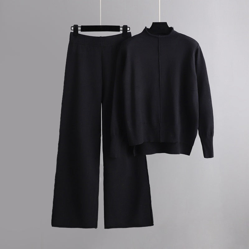 Women's brown knit set with half turtleneck sweater and wide leg pants