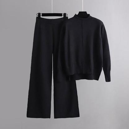 Women's brown knit set with half turtleneck sweater and wide leg pants