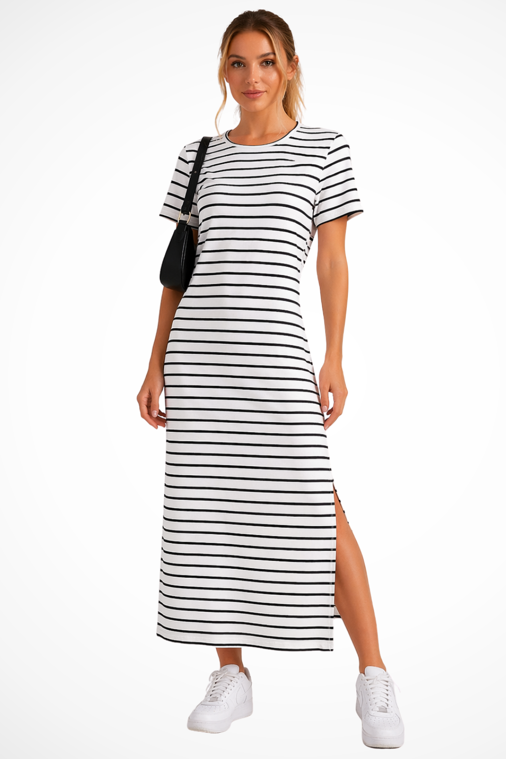 Women's white striped short sleeve side split midi dress