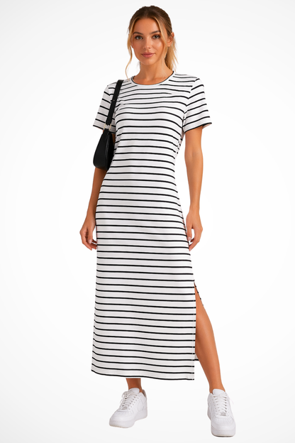 Women's white striped short sleeve side split midi dress