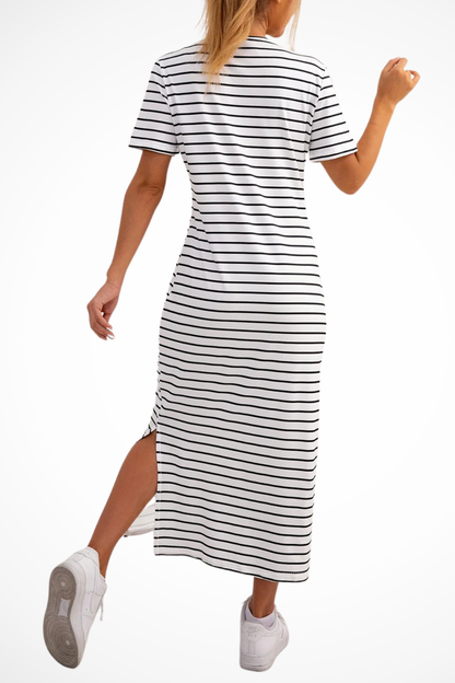 Women's red striped short sleeve side split midi dress