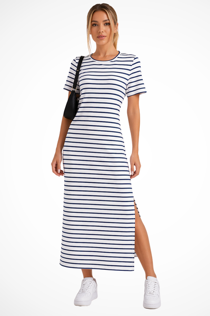 Women's white striped short sleeve side split midi dress