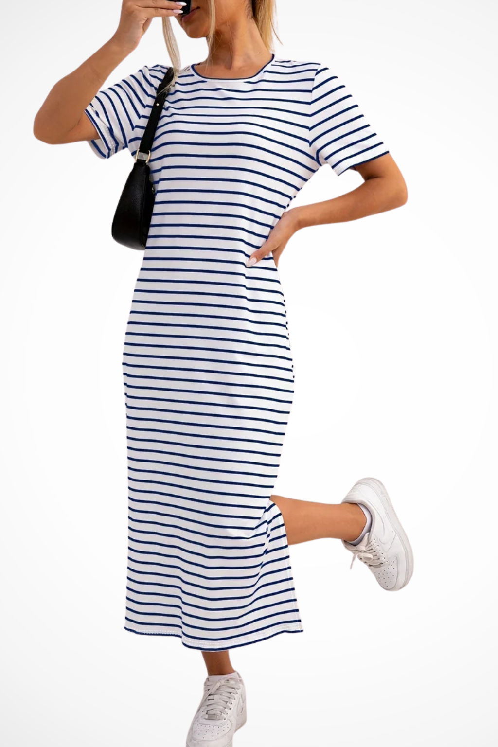 Women's navy blue striped short sleeve side split midi dress