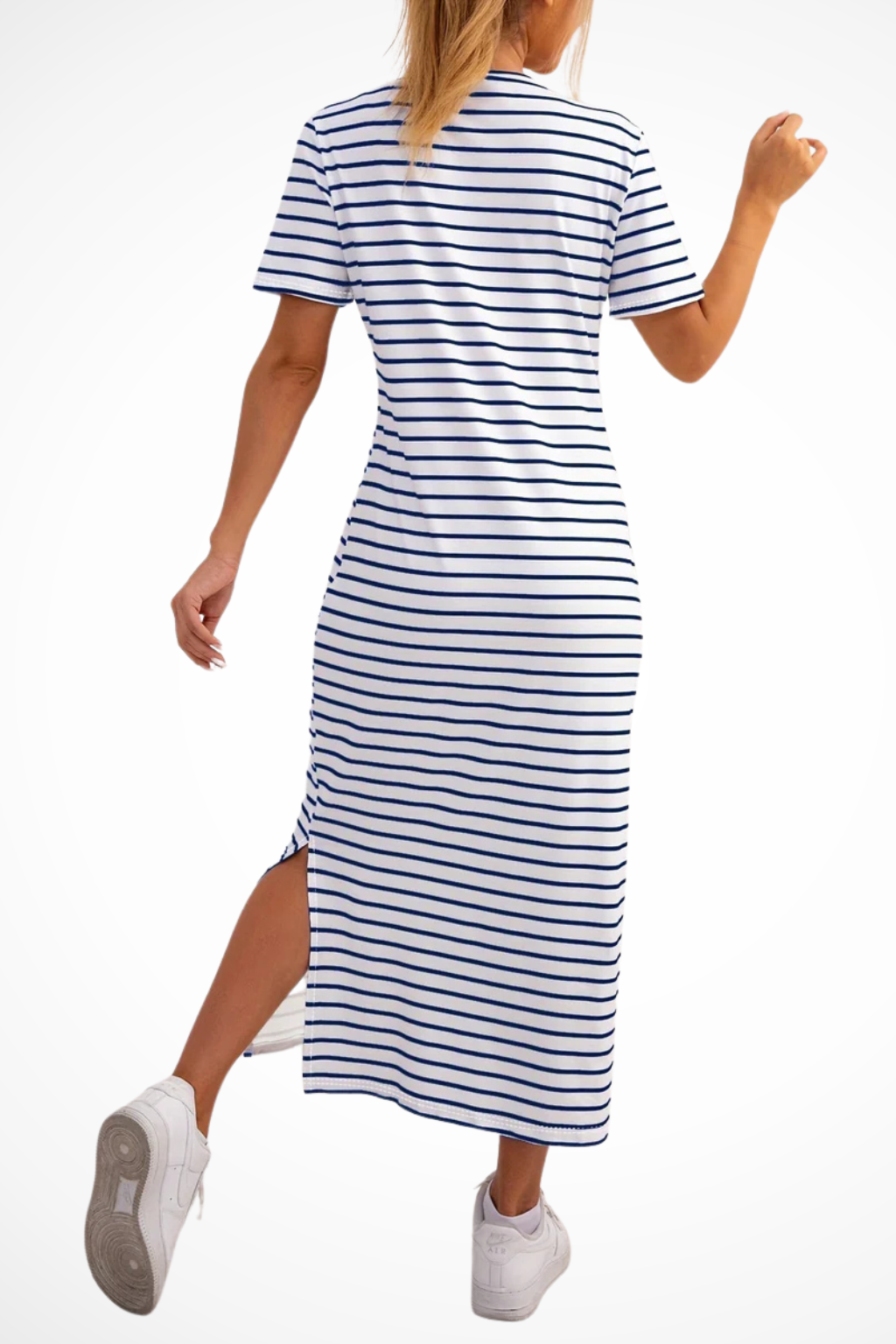 Women's red striped short sleeve side split midi dress