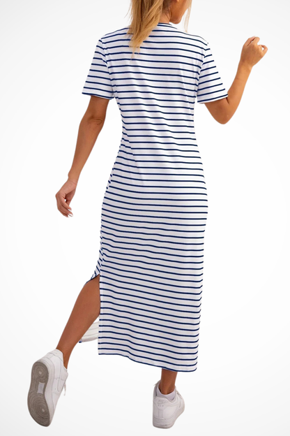 Women's red striped short sleeve side split midi dress