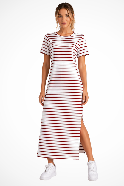 Women's white striped short sleeve side split midi dress