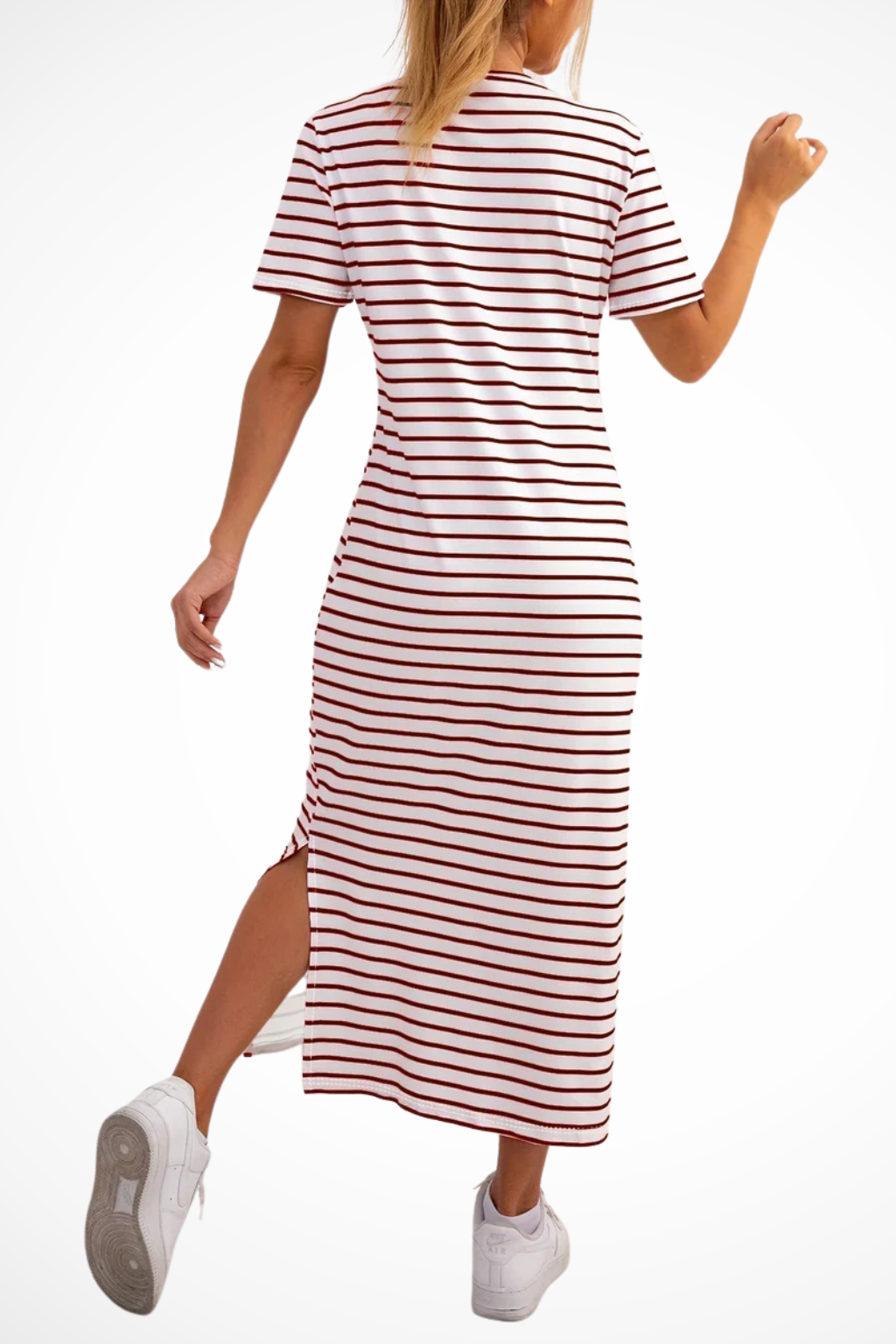 Women's navy blue striped short sleeve side split midi dress