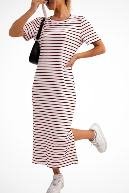 Women's red striped short sleeve side split midi dress