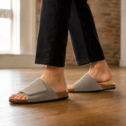Women's black leather sandals with cork footbed