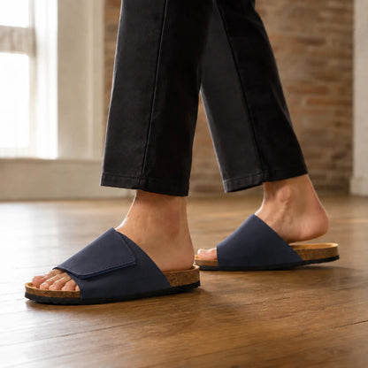 Women's brown sandals, close-up of adjustable strap