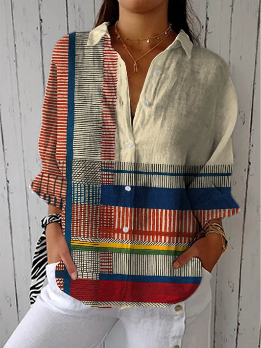 Women's multicolor geometric print button-down blouse with long sleeves