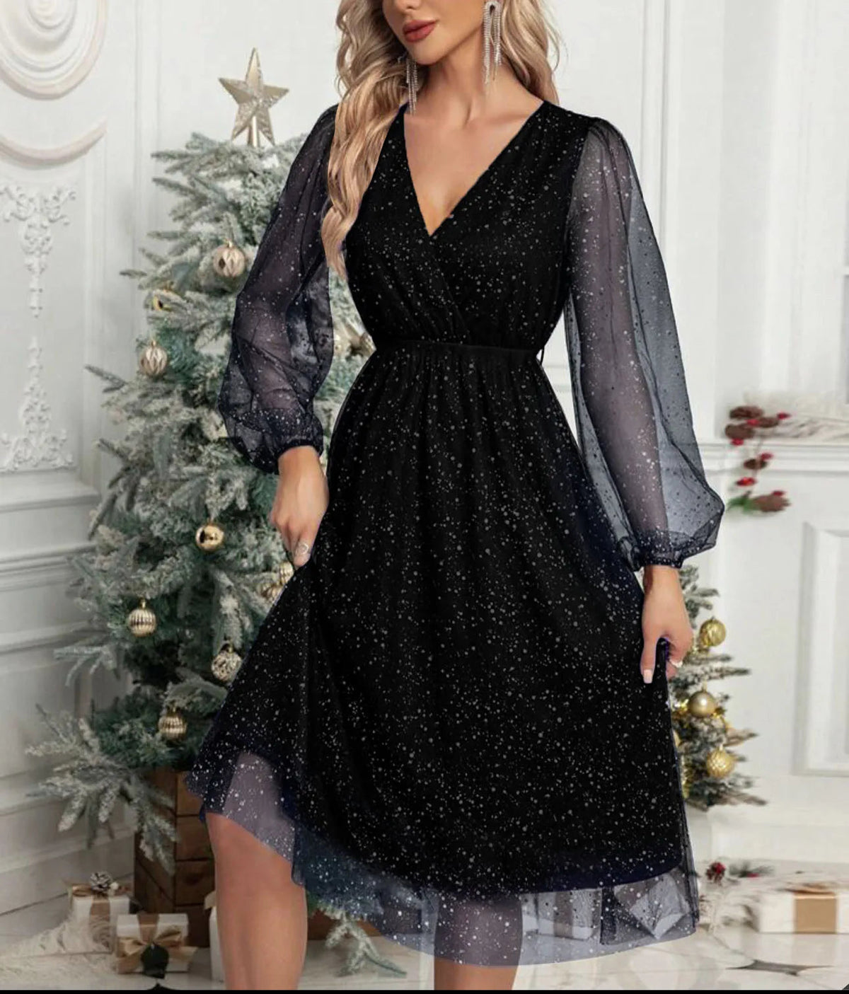 Black Sparkling Mesh-Sleeve V-Neck Cocktail Dress with Shimmer