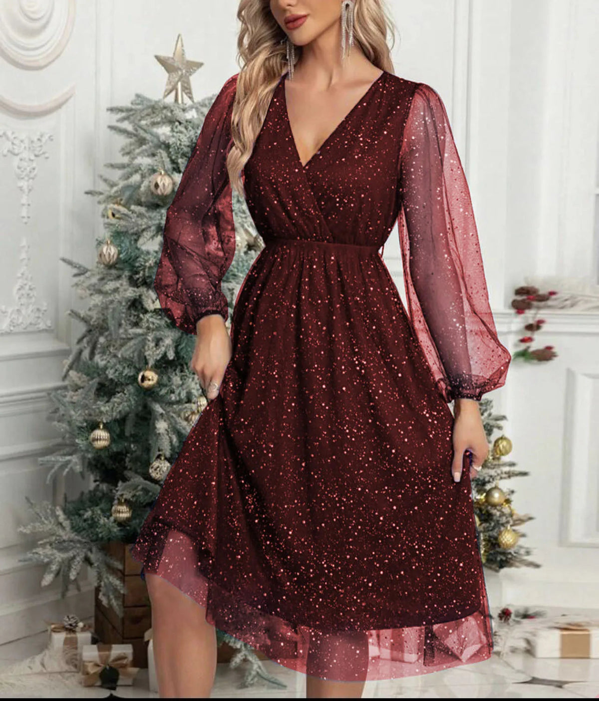 Claret Sparkling Mesh-Sleeve V-Neck Cocktail Dress with Shimmer