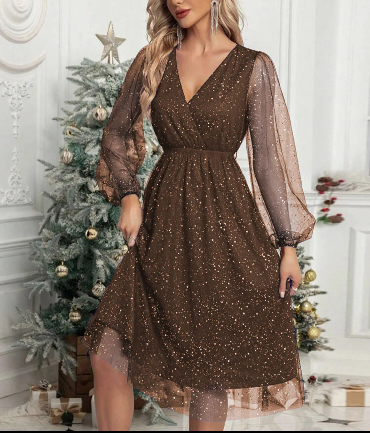 Coffee Sparkling Mesh-Sleeve V-Neck Cocktail Dress with Shimmer
