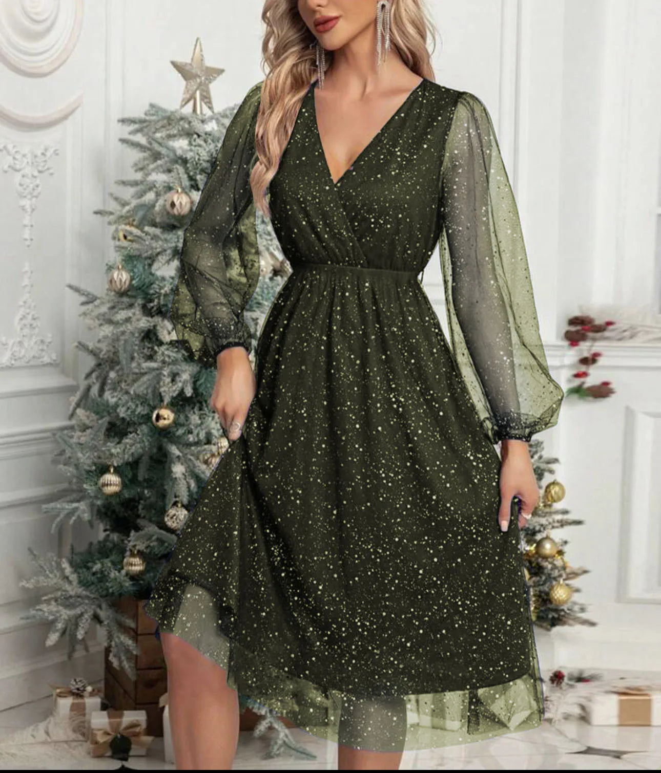 Green Sparkling Mesh-Sleeve V-Neck Cocktail Dress with Shimmer
