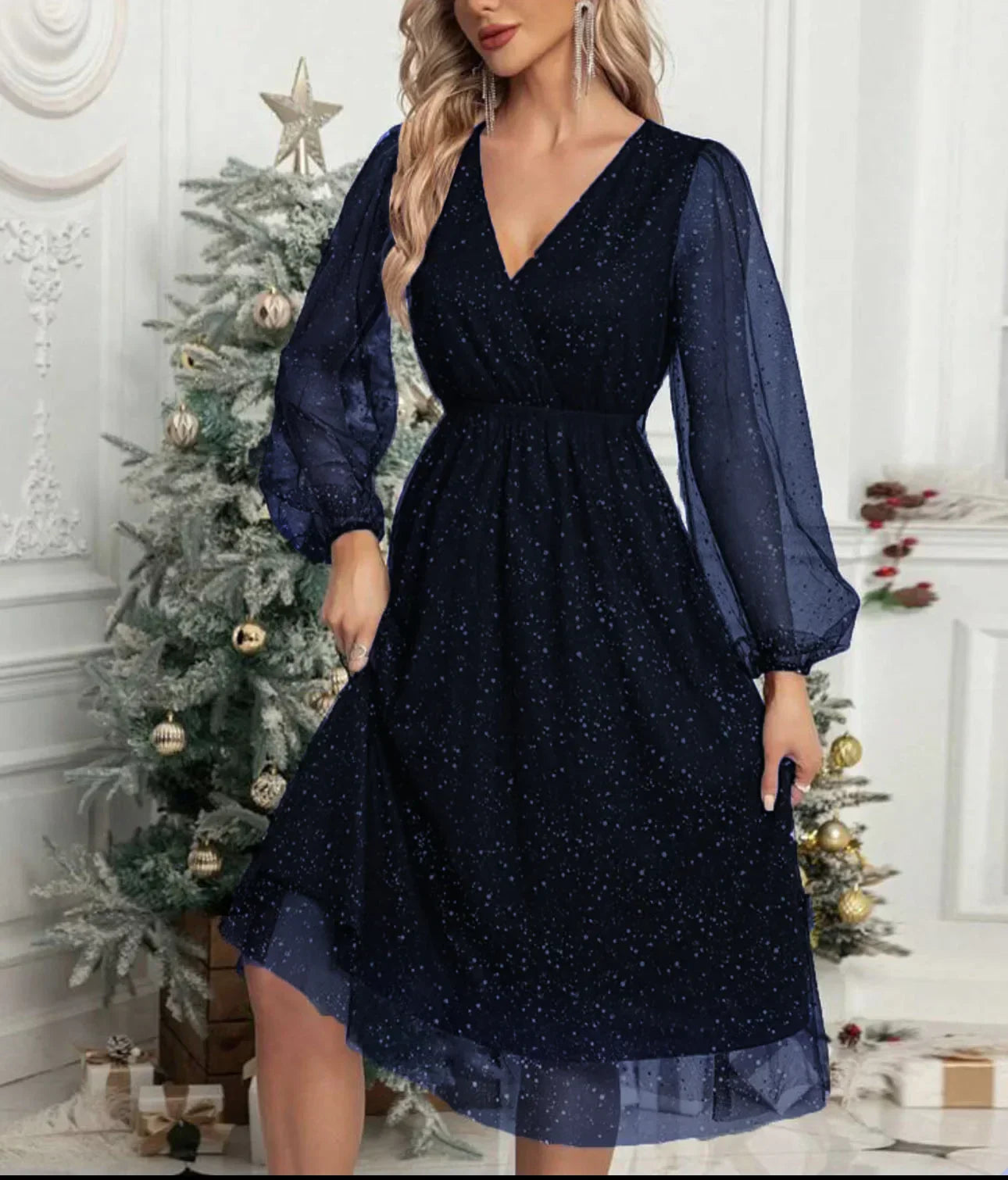 Navy Blue Sparkling Mesh-Sleeve V-Neck Cocktail Dress with Shimmer