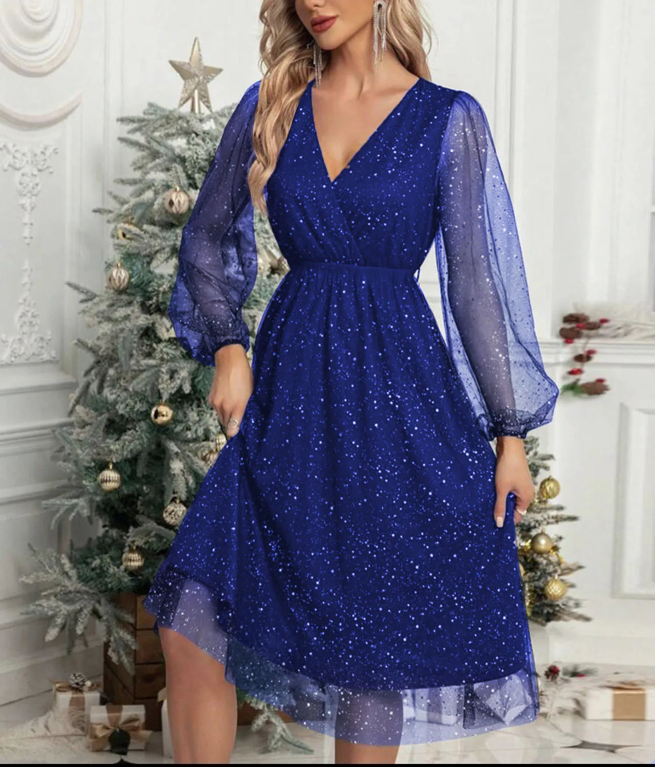 Blue Sparkling Mesh-Sleeve V-Neck Cocktail Dress with Shimmer